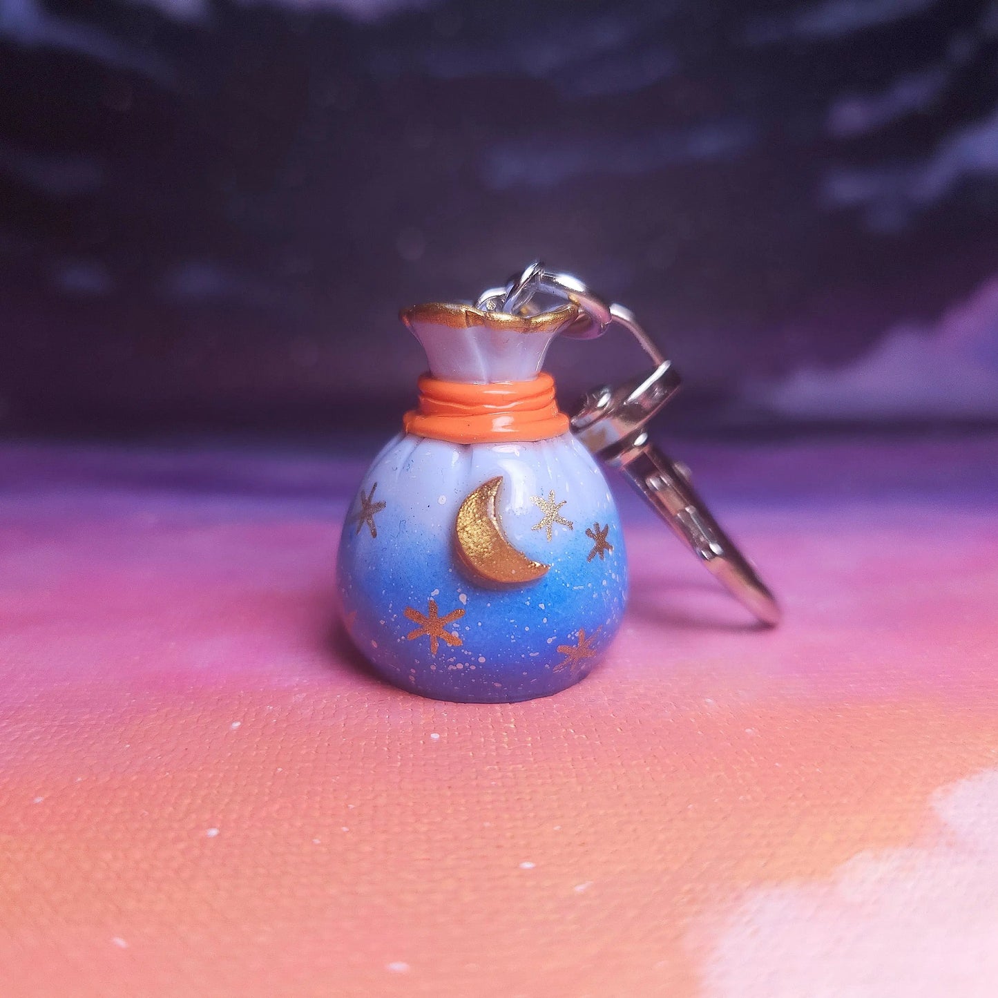 Clay Blue Bag Keychain, Handmade Clay Craft and Resin Charm Front
